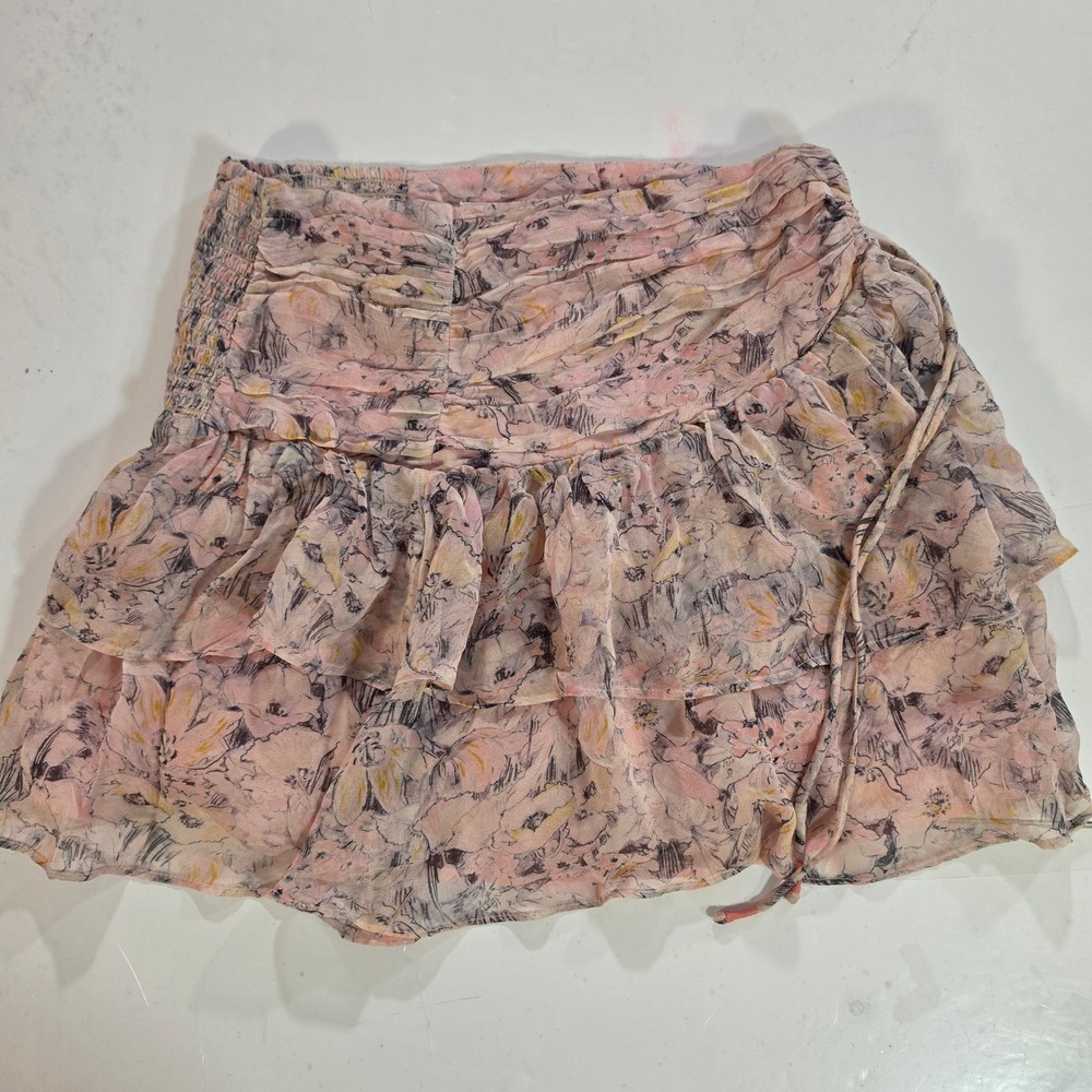 Anthropologie Floral Ruffle Mini Skirt Pink Smocked Waist XS New